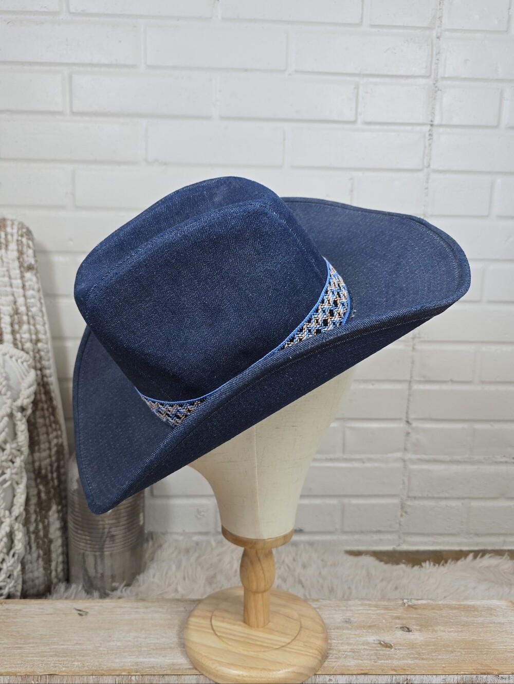 Vintage Youngan Blue Denim Cowboy Hat with Embroidered Band - Picture 5 of 11